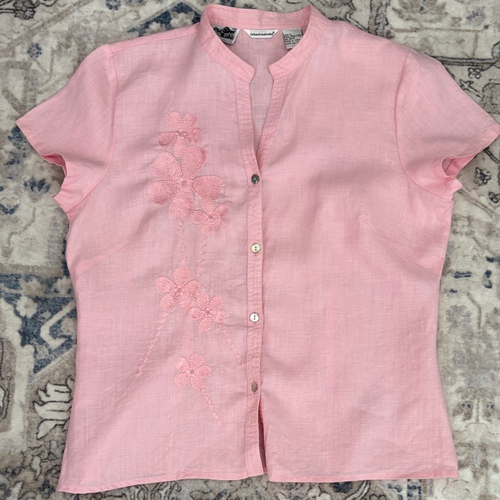 Richard Malcolm Size Large Linen Blouse Button Up Short Sleeve Pink Embroidered